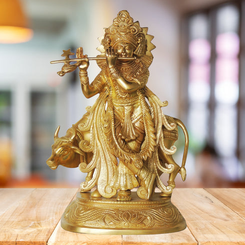 Brass Cow Krishna Statue 6.53kg
